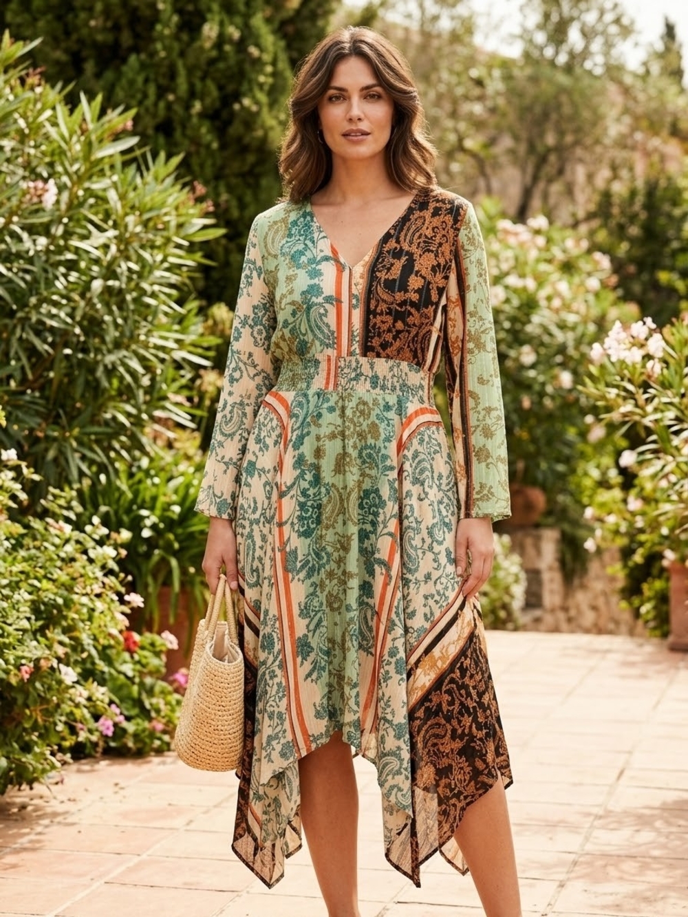 Desigual Paisley Boho Paisley Handkerchief-Hem Dress in Sage Green